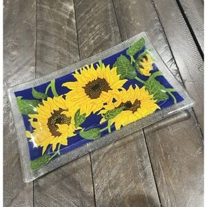 Peggy Karr Fused Glass 9 1/2x5 1/2" Sunflower Blue Rectangular Tray Signed 2014